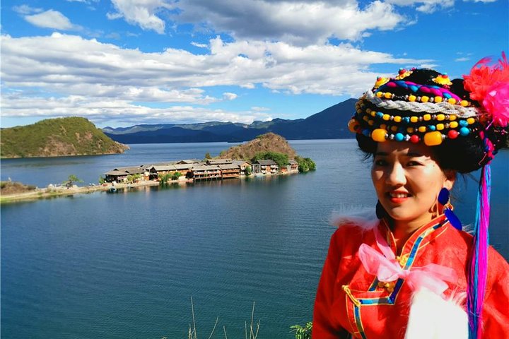 Scenic view of Yunnan province with Mosuo girl